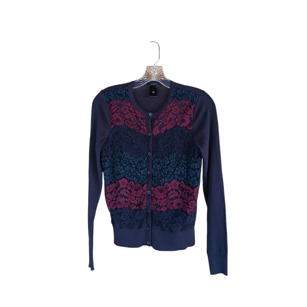 "Ann Taylor Factory Black Lace Overlay Cotton Cardigan Small